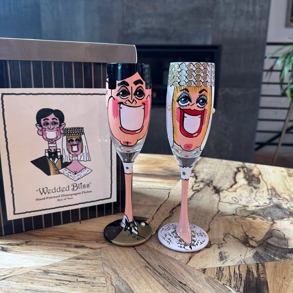 VTG AliceArt Wedded Bliss Hand Painted Champagne Flutes Set of 2 Bride Groom Box